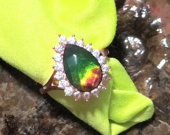 28% OFF-Coupon-2026XMASOFF-925 Silver-Rose-Gold-Plated-Ring-Excellent-Design(8x12mm)Pear-Ammolite Facetted Cut-Rainbow-color-Free Shipping