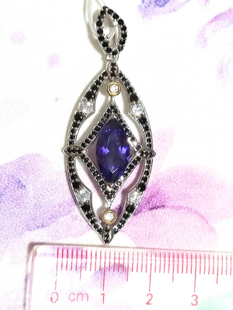 2-Tone-Yellow Gold /& 925 Silver Rhodium-Plated Pendant-Free Shipping+Chain Black-White Top-Bright Crystal and Marquise-Deep-Purple-Amethyst
