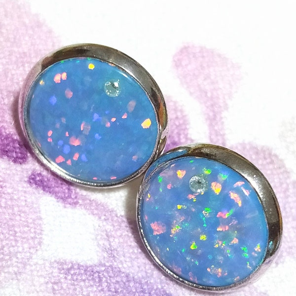 Net Hkd128-925 Silver-plate Opal Earring-Synthetic OPAL(10mm) Round Shape-Posted-Earring Design(Blue-Green-Rainbow Color)Free Shippin