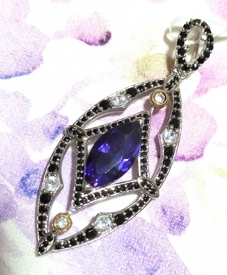 2-Tone-Yellow Gold /& 925 Silver Rhodium-Plated Pendant-Free Shipping+Chain Black-White Top-Bright Crystal and Marquise-Deep-Purple-Amethyst
