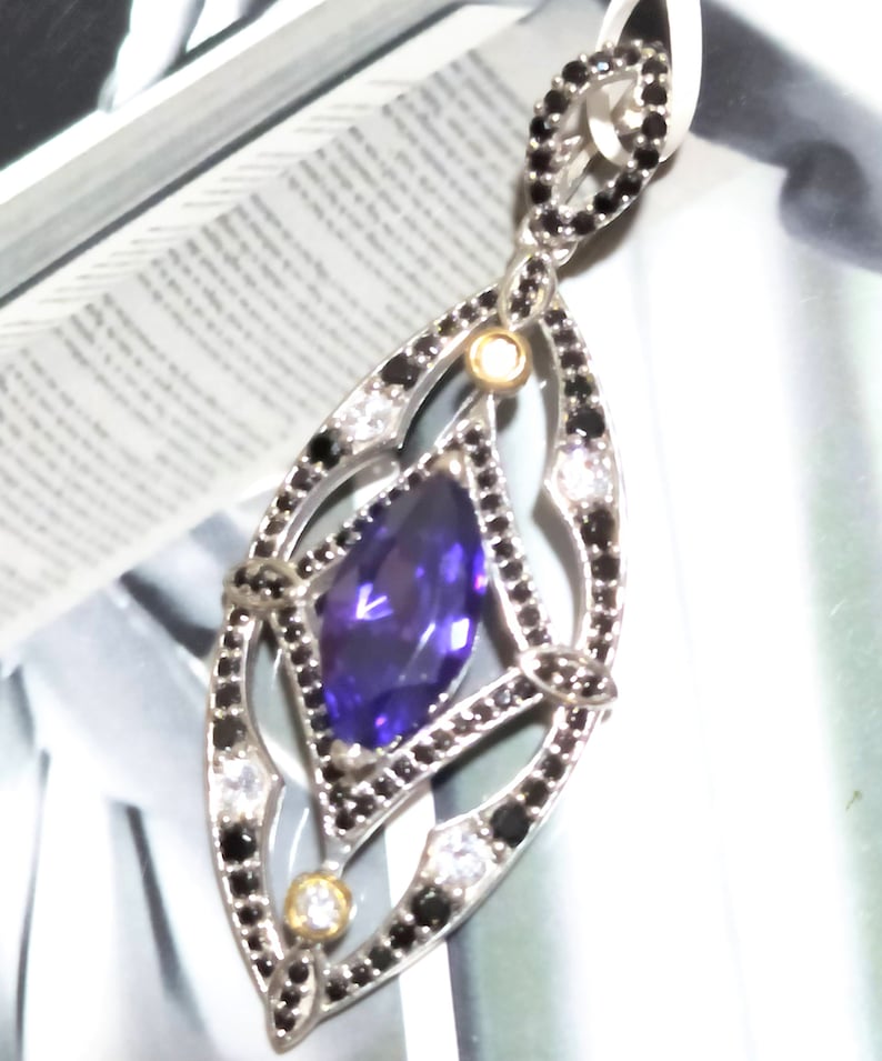 2-Tone-Yellow Gold /& 925 Silver Rhodium-Plated Pendant-Free Shipping+Chain Black-White Top-Bright Crystal and Marquise-Deep-Purple-Amethyst