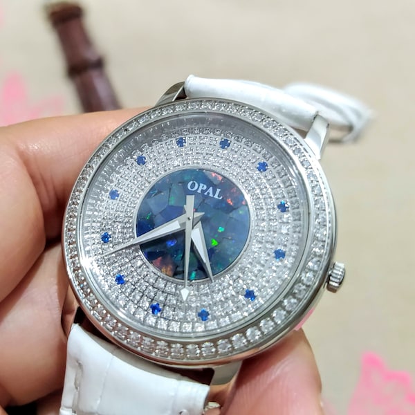 28%OFF-Use-XMAS25OFF=NET-hkD720-AAA-Crystal Case Opal Watch-Top- Bright Mosaic Natural Opal-deep-Blue-Tanzanite and Red Ruby-Free Shipping