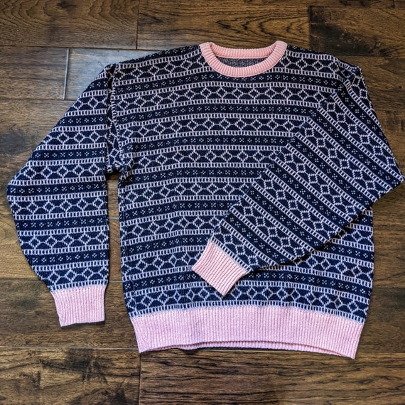 80s/90s Acrylic Navy and Bubblegum Pink Sweater - image 1