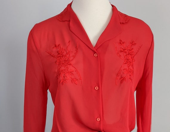 Cherry Hill Red Sheer Embroidered  Blouse - image 1