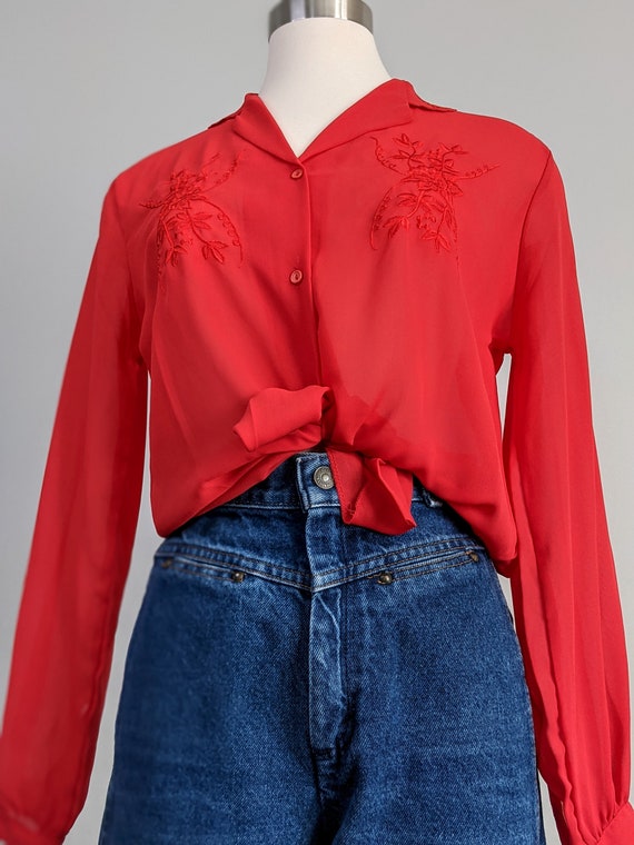 Cherry Hill Red Sheer Embroidered  Blouse - image 3