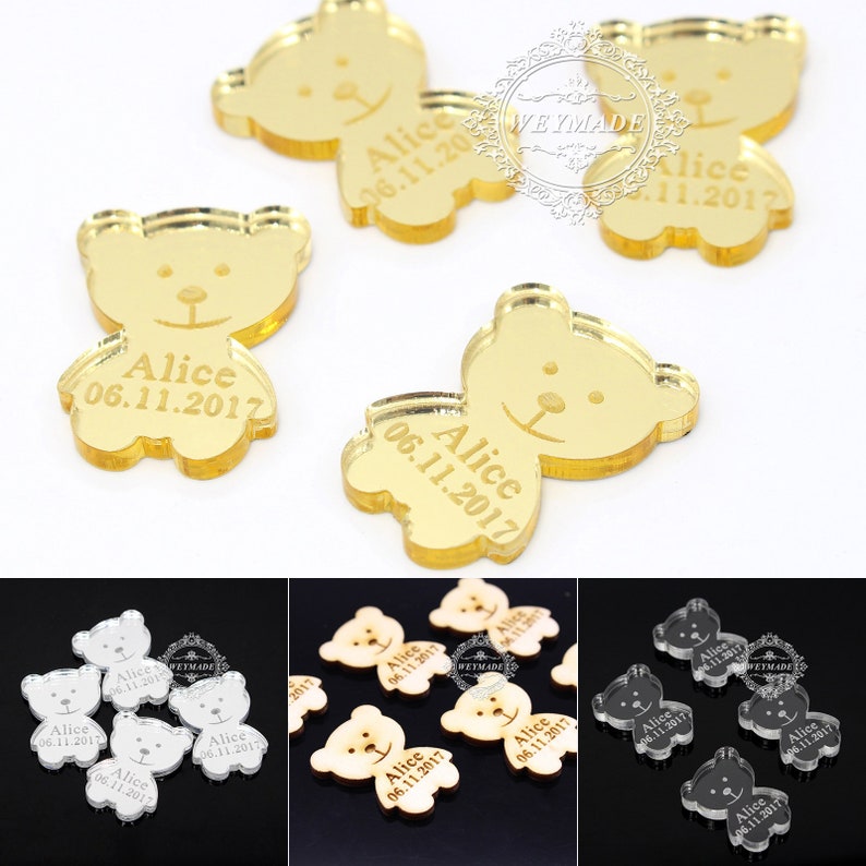 50* Personalized Prince Baby Shower Mirror Bear Table Centerpiece Decoration Custom Princess 1th Birthday Party Favor Gift Confetti Decor