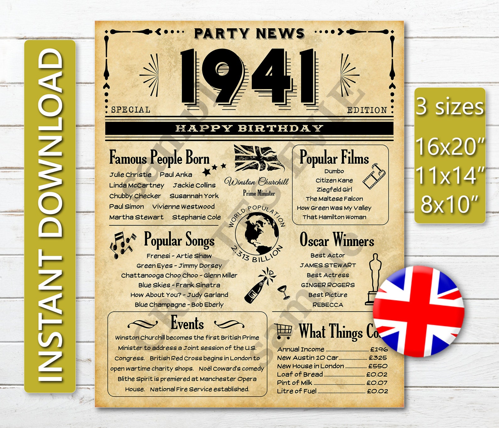 Back in 1941 Birthday Party British Newspaper Style Poster Printable