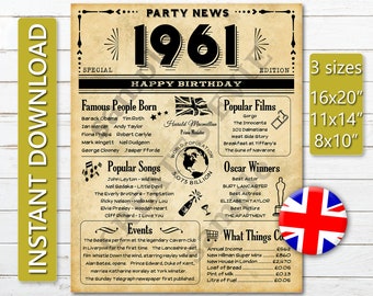 63 years ago Printable Poster JPG Instant Digital Download British Version, Back in 1961 United Kingdom, 63rd Birthday Newspaper Sign JPG