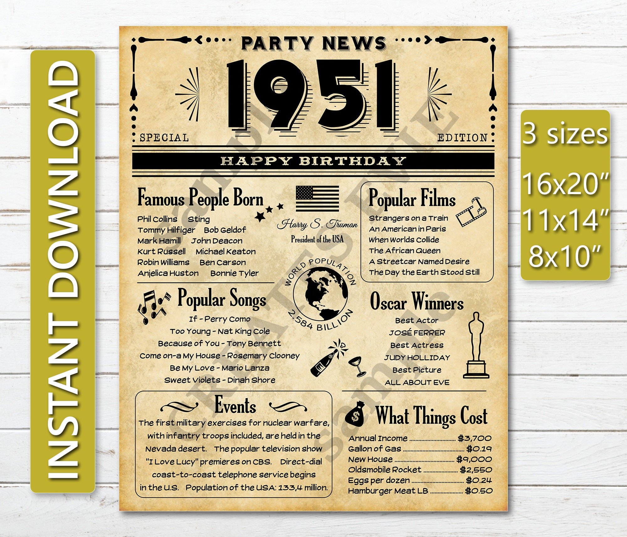 70-years-ago-back-in-1951-printable-old-newspaper-style-poster-etsy