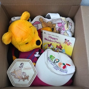 Op de afbeelding: Een kartonnen doos gevuld met diverse items, waaronder een gele Winnie de Poeh-knuffel, een witte hoed met een geborduurd logo, een boek getiteld "Minnie's Slumber Party" en een Sneeuwwitje-blik. De items zijn slechts voorbeelden.