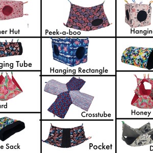 May include: A collection of 12 different styles of small pet hammocks and tunnels. The hammocks are made of fabric with various patterns, including watermelon, skulls, and butterflies. The tunnels are made of fabric with a variety of patterns, including tie-dye and skulls. The hammocks and tunnels are designed to be hung from a cage or other structure.