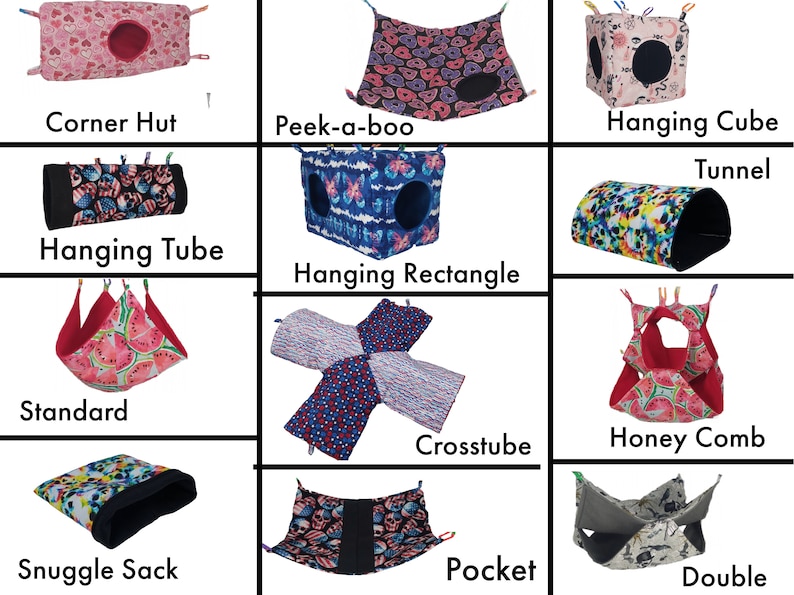 May include: A collection of 12 different styles of small pet hammocks and tunnels. The hammocks are made of fabric with various patterns, including watermelon, skulls, and butterflies. The tunnels are made of fabric with a variety of patterns, including tie-dye and skulls. The hammocks and tunnels are designed to be hung from a cage or other structure.