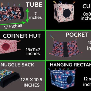 May include: A collection of different styles of small pet beds and hammocks. The beds are made of fabric with various patterns, including skulls, hearts, and butterflies. The hammocks are made of fabric with a black border and are suspended from the ceiling. The beds and hammocks are all different sizes, ranging from 7 inches to 15 inches. The text on the image reads "TUBE", "CUBE", "CORNER HUT", "POCKET", "SNUGGLE SACK", and "HANGING RECTANGLE".