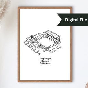 May include: A framed black and white line drawing of Snapdragon Stadium in San Diego, CA. The artwork includes the text "Snapdragon Stadium San Diego, CA" and the words "Digital File" on a dark green banner.