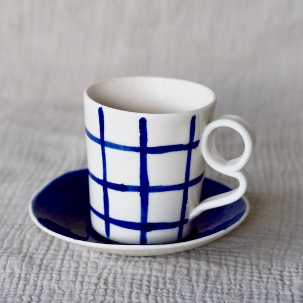 Grid Cup and Deep Blue Saucer | Fine porcelain ceramic coffee tea cup mug and saucer hand painted modern design Arthritis friendly handle