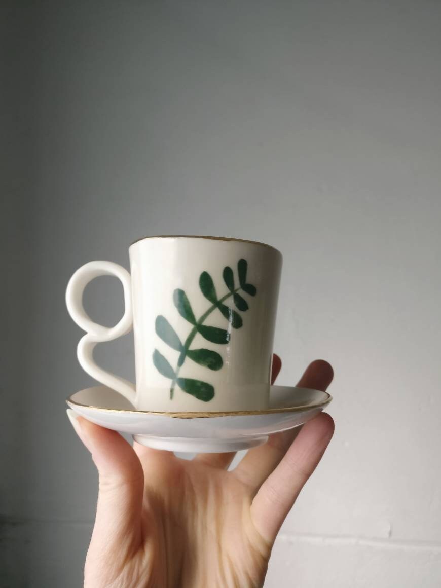 Tasse à Expresso Double Greenery et Soucoupe | Tasse Café Espresso en Porcelaine Fine Peinte La Main
