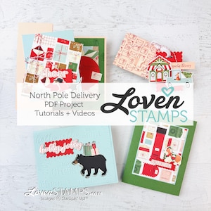 Op de afbeelding: Een verzameling handgemaakte kerstkaarten met feestelijke ontwerpen. De kaarten bevatten cadeauverpakkingen, een beer en vakantiegroeten zoals "Cheer" en "Holly Jolly". De afbeelding bevat de tekst "North Pole Delivery PDF Project Tutorials + Videos" en het Loven Stamps-logo.
