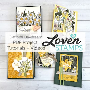 May include: A collection of handmade greeting cards featuring daffodils and the text "Thanks for Brightening up my day!" and "Just a card to say you're AMAZING". The cards are decorated with yellow, green, and brown paper and ribbon. The cards are made by Loven Stamps.