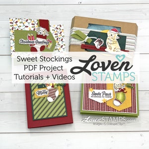 Puede incluir: Tres diseños de tarjetas de Navidad con una media con un perro, un gato y una media con el texto "Very Merry". Las tarjetas están sobre un fondo de madera con el texto "Sweet Stockings PDF Project Tutorials + Videos" y "Loven STAMPS" en una fuente grande.