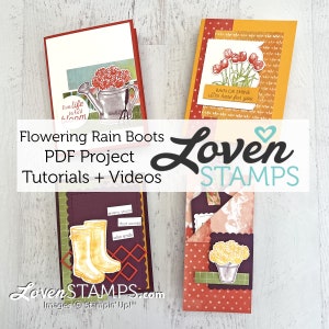 May include: Three handmade greeting cards featuring floral and gardening themes. The cards are decorated with images of flowers, watering cans, rain boots, and the text "live life in full bloom" and "rain or shine I'm here for you". The cards are made by Loven Stamps.