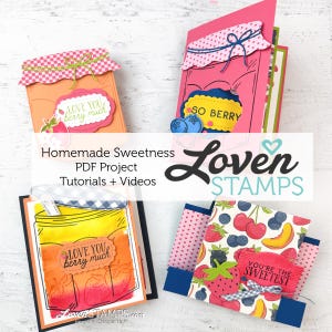 Può includere: Quattro biglietti di auguri fatti a mano a tema frutta. Ogni biglietto è progettato per assomigliare a un barattolo di marmellata, con un coperchio a quadretti e un'etichetta che dice "Love You Berry Much" o "So Berry". I biglietti sono su una superficie di legno bianco.