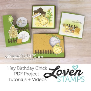 May include: Four different card designs featuring a cartoon chicken with the text "Happy Birthday" on each card. The cards are decorated with a green fence, a bag of grain, and corn stalks.