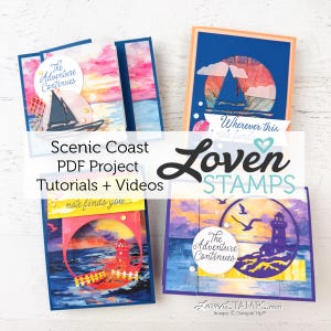 May include: Four handmade greeting cards featuring nautical themes with sailboats, lighthouses, and sunset colors. The cards include die-cut circular windows, layered paper elements, and circular tags with the text The Adventure Continues.