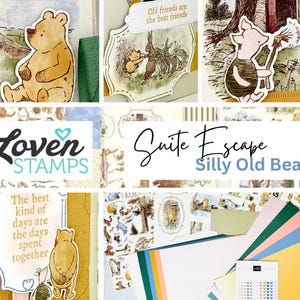 May include: A collection of crafting supplies featuring Winnie the Pooh and Piglet illustrations, including stamped paper cutouts, patterned cardstock, and colored paper sheets. Text includes Loven STAMPS, Suite Escape Silly Old Bear, and quotes.