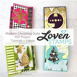 Peut inclure: Quatre cartes de Noël faites à la main avec des accents dorés et noirs. L'une présente une étoile dorée sur un cercle rose, une autre un motif d'ornement doré, et deux autres des motifs de sapins. Les cartes font partie d'un projet PDF Modern Christmas Suite.