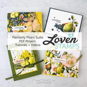 May include: Four handmade greeting cards with pear illustrations. The cards feature watercolor pears, floral patterns, and the phrases "A good friend is a gift," "Thank you," and "Congratulations." The cards are part of the "Painterly Pears Suite" project.