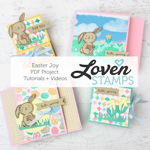 May include: A collection of handmade Easter cards featuring bunny and floral designs. The cards have pastel colors, ribbons, and the text "hello, spring" and "FOR YOU". The cards are part of the "Easter Joy PDF Project Tutorials + Videos".