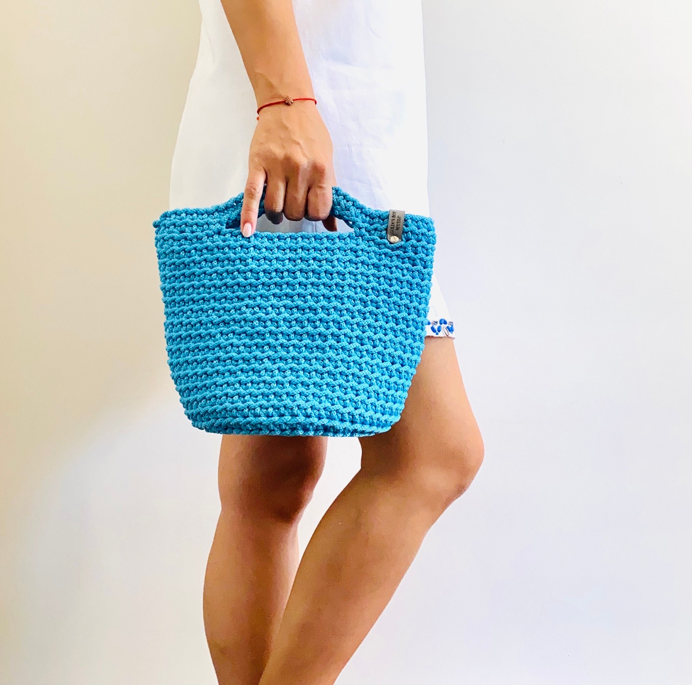 Handknitted Crochet Turquoise Handbag Top Shoulder Bag Birthday Gift Gift  for her