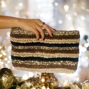 パリジャンバッグ、かぎ針編みのハンドメイドクラッチ、クリスマスギフト、イブニングバッグ、デイ＆ナイトバッグ、イベントバッグ、かぎ針編みのハンドバッグ、ゴールドストライプバッグ、