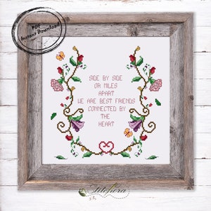 Digital floral cross stitch pattern.  Unique modern friendship design with flowers and words. Contemporary easy counted cross stitch PDF.