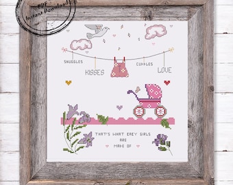 Digital newborn baby girl cross stitch pattern. Unique cute modern pink design with words. Easy counted cross stitch PDF.