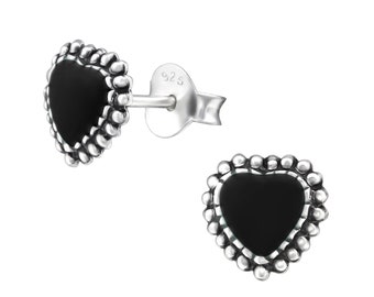 Midnight Black Enamel Heart Studs // Gothic punk earrings, Gifts for her, Waterproof long lasting, E-coated anti tarnish, Boho fashion style