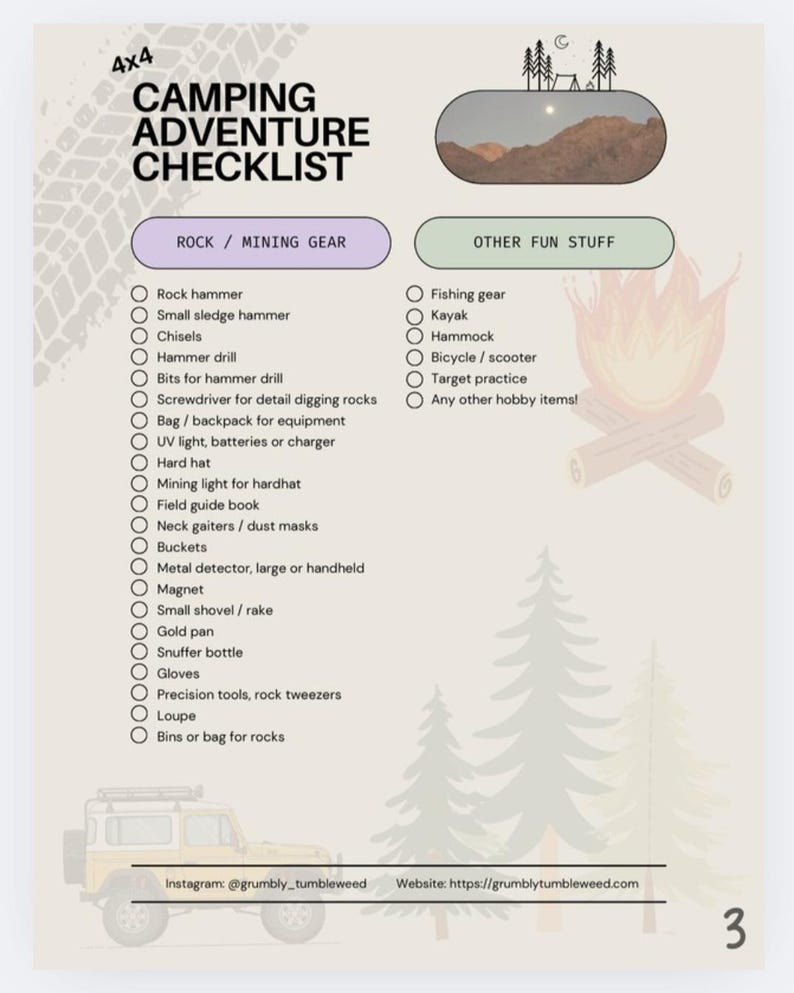 Camping & Rockhounding Trip Packing List Planner | Printable Checklist ...