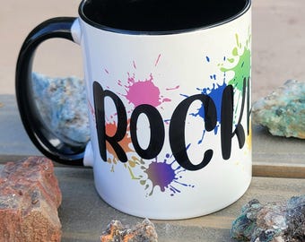 Rockhound Coffee Mug, Colorful Splatter Paint Art, 11 oz, White with Black Inside