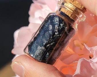Raw Black Tourmaline (Schorl) Crystals in Glass Bottle
