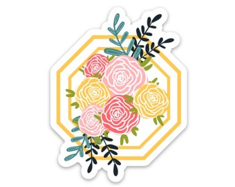 Hexagon Floral Rose Bouquet 3x3in. Vinyl Sticker for your Laptop, Water Bottle or Bullet Journal, Roses, Flower Decal, skateboard stickers