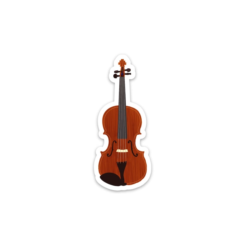 May include: A brown wooden violin with a black neck and strings. The violin has a white sticker on the back.