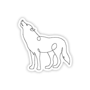 May include: A black line art sticker of a howling wolf. The wolf is depicted in a continuous line, creating a minimalist design. The sticker is white with a black outline of the wolf.