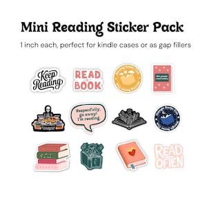 May include: A set of mini reading stickers, each about 2.5 cm in size. The stickers display book-related designs, including the phrases "Keep Reading" and "Read a Book", and images of books and reading clubs.