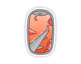 May include: A sticker of a phone screen with an airplane wing and clouds in the background. The text "airplane mode" is written on the wing. The sky is orange and pink.