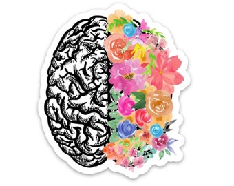 floral brain sticker for laptop, brain cancer survivor gift, neurodivergent sticker, therapist gift mental health stickers for water bottles