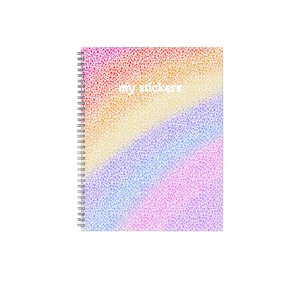 May include: Spiral-bound notebook with a colorful, speckled cover. The cover features a gradient of pink, orange, yellow, blue, and purple. The words "my stickers" are printed in white across the cover.