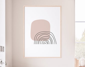 Boho muur minimalistische kunst print, Abstracte beige afdrukbare geometrische regenboog muur decor