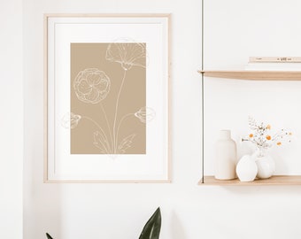 Boho flower wall print, beige minimalistisch muur decor