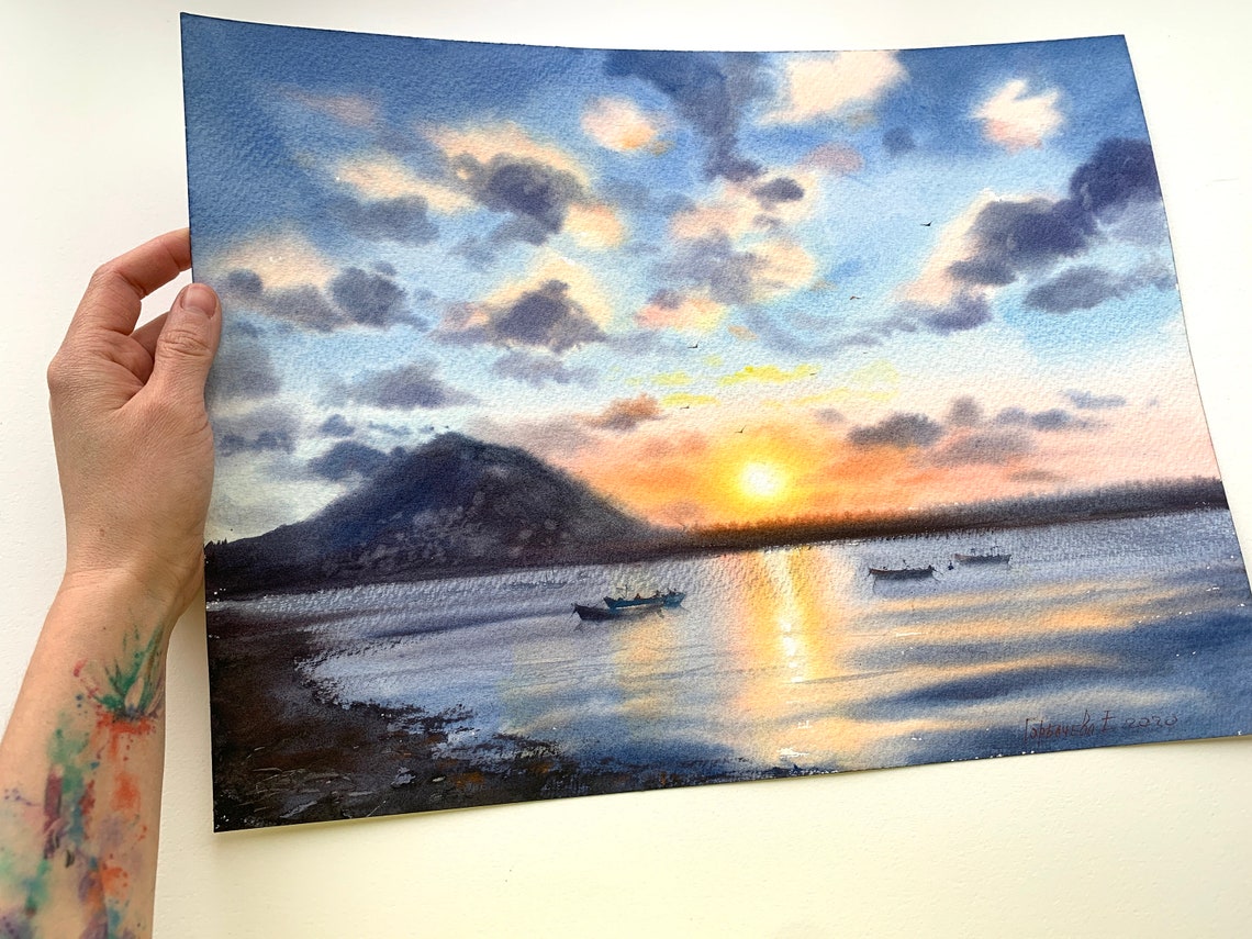 Painting Original Watercolor Mauritius 2 seascape sunset Etsy