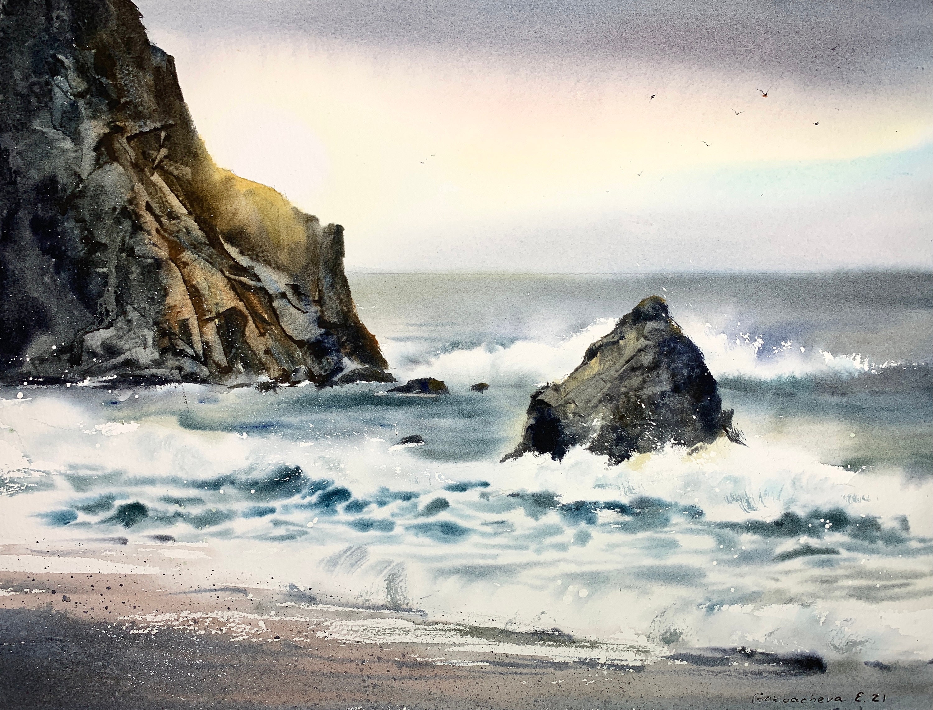 Waves and rocks Painting Watercolor Original seascape Etsy